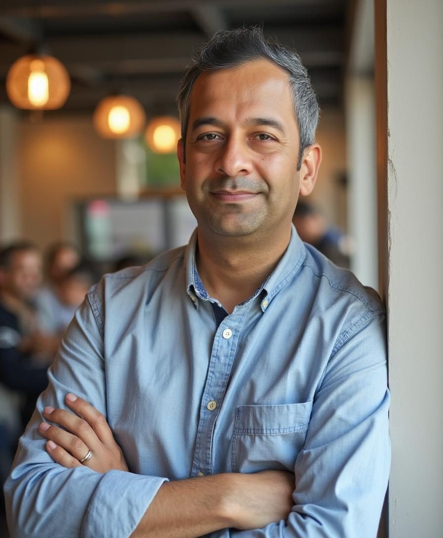 Sachin Bhagat, arms crossed, smiling, in a blue shirt